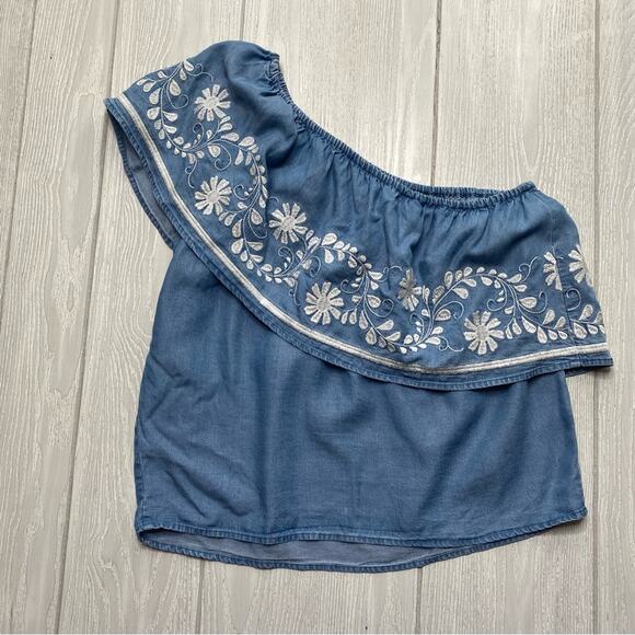 Rebecca Minkoff Women's Rita Denim Blue Chambray One Shoulder Top Size Small - Picture 8 of 10